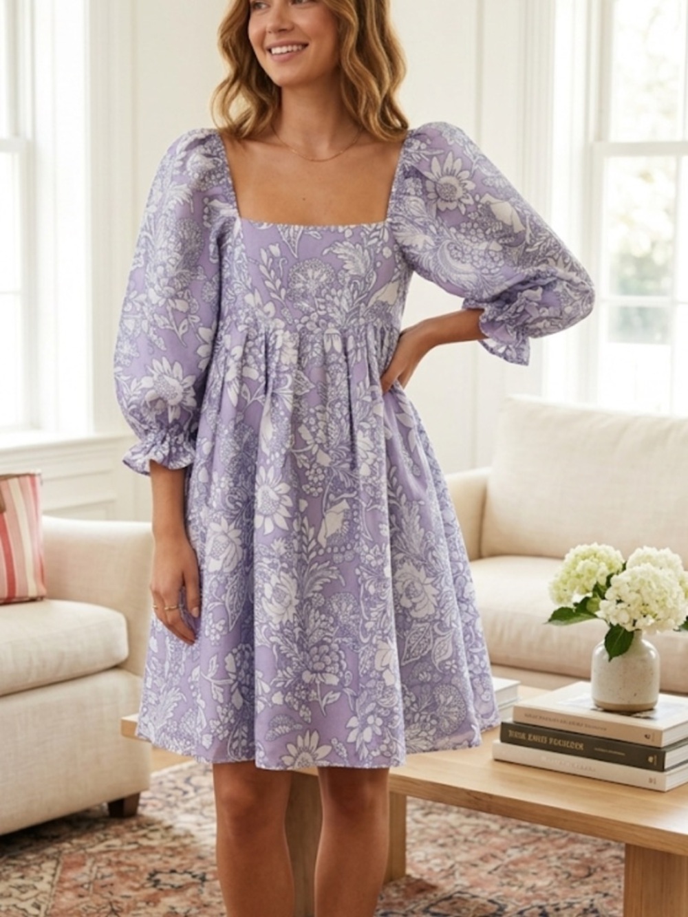 Storia Lilac Floral Square-Neck Puff-Sleeve Mini Dress